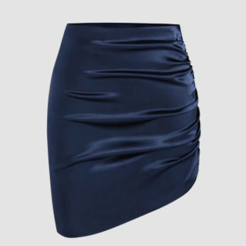 NWT Cider satin blue ruched mini skirt Size M